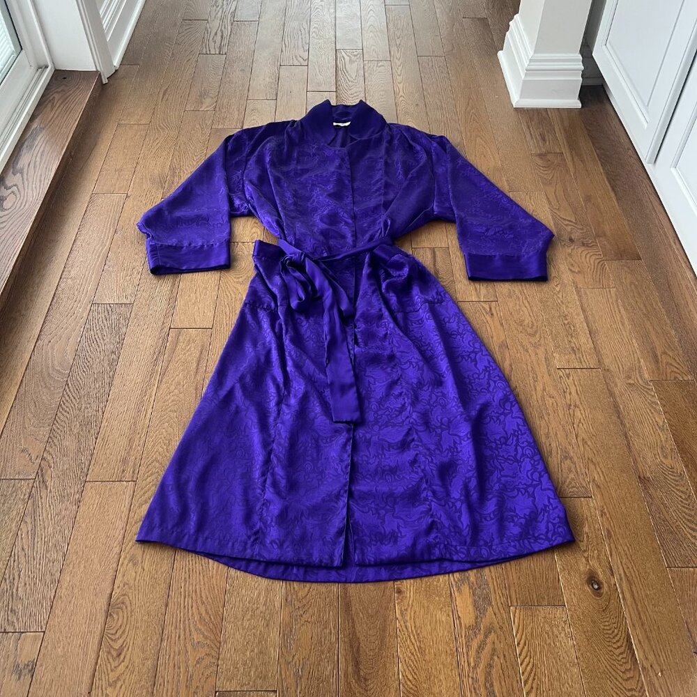 Vintage 80s Gold Label Victoria’s Secret Purple‎ Satin Robe Womens M Jacquard - Picture 8 of 10